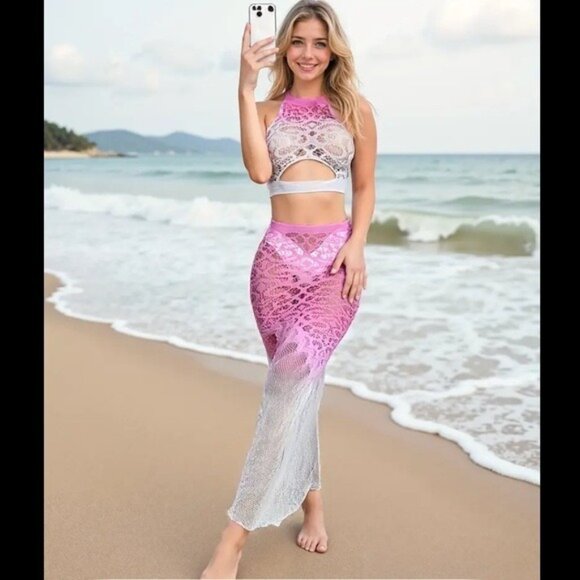 White & Pink Gradient 2pc Crop Top & Long Fishtail Skirt Fishnet Set - Picture 1 of 7